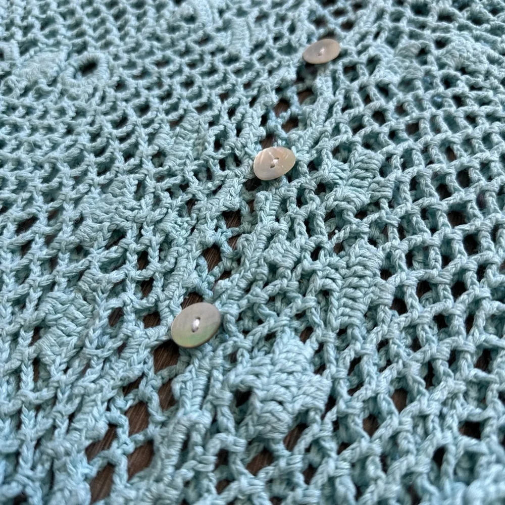 Modern Soul Linen Cotton Blend Crochet Light Blue Button Front Cardigan Size XS - Picture 4 of 11